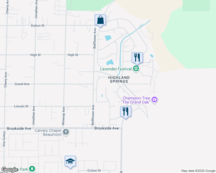 map of restaurants, bars, coffee shops, grocery stores, and more near 10700 Deerfield Drive in Cherry Valley