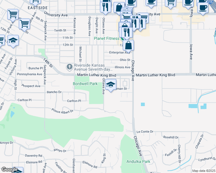 map of restaurants, bars, coffee shops, grocery stores, and more near 4574 Sandano Street in Riverside
