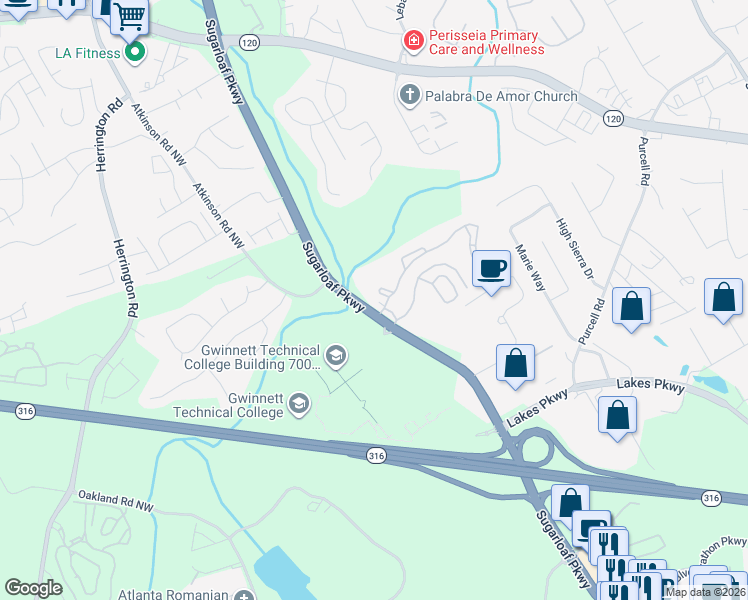 map of restaurants, bars, coffee shops, grocery stores, and more near 5375 Sugarloaf Parkway in Lawrenceville