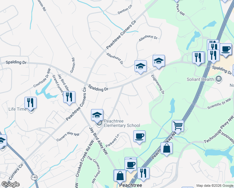 map of restaurants, bars, coffee shops, grocery stores, and more near 5835 Crooked Creek Road Northwest in Norcross