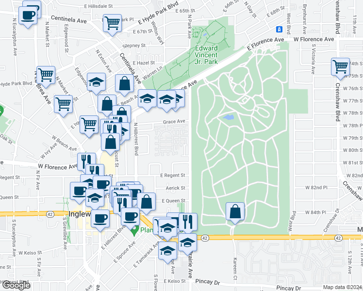 map of restaurants, bars, coffee shops, grocery stores, and more near 323 North Prairie Avenue in Inglewood