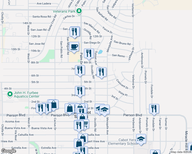 map of restaurants, bars, coffee shops, grocery stores, and more near 11388 Ocotillo Road in Desert Hot Springs