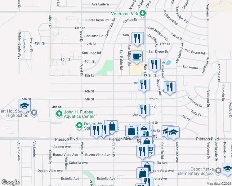 map of restaurants, bars, coffee shops, grocery stores, and more near 66289 5th Street in Desert Hot Springs