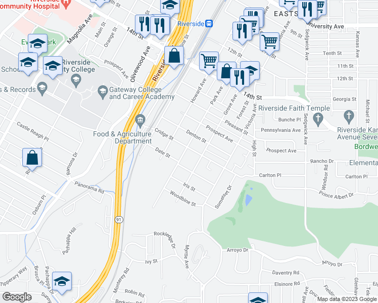 map of restaurants, bars, coffee shops, grocery stores, and more near 4778 Park Avenue in Riverside
