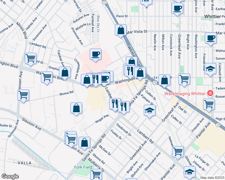 map of restaurants, bars, coffee shops, grocery stores, and more near 12451 Lambert Road in Whittier