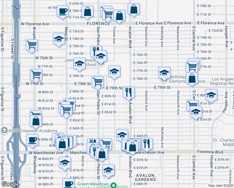 map of restaurants, bars, coffee shops, grocery stores, and more near 8017 Towne Avenue in Los Angeles