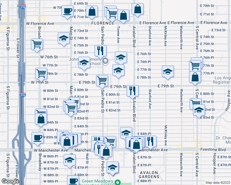 map of restaurants, bars, coffee shops, grocery stores, and more near 8017 Towne Avenue in Los Angeles