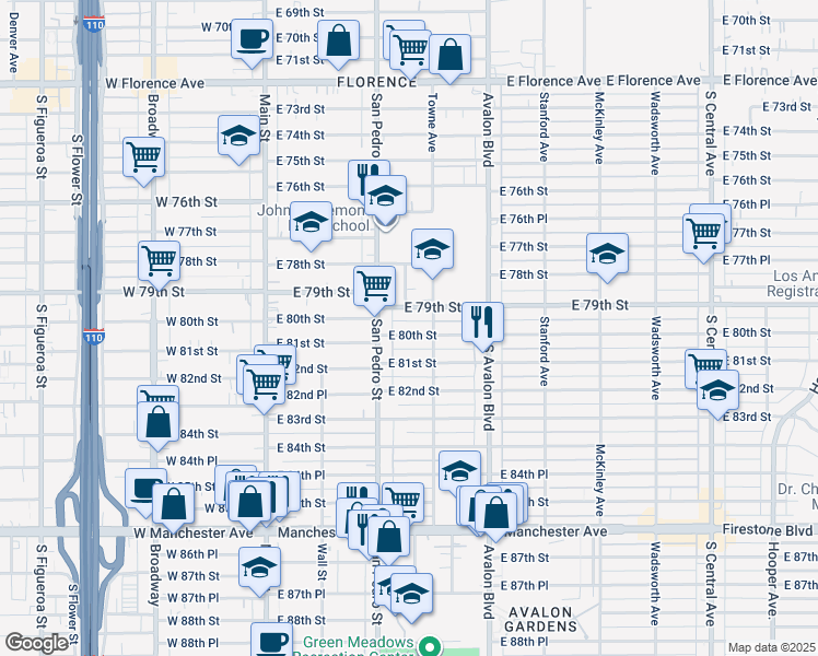 map of restaurants, bars, coffee shops, grocery stores, and more near 8010 San Pedro Street in Los Angeles