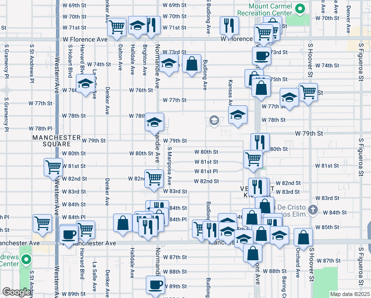 map of restaurants, bars, coffee shops, grocery stores, and more near 1247 West 81st Street in Los Angeles