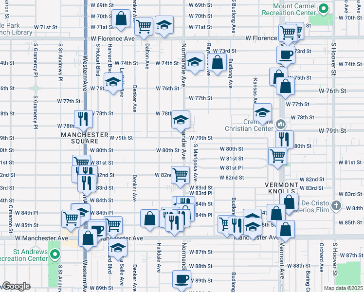 map of restaurants, bars, coffee shops, grocery stores, and more near 8011 Normandie Avenue in Los Angeles