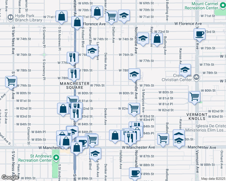 map of restaurants, bars, coffee shops, grocery stores, and more near 1528 West 80th Street in Los Angeles