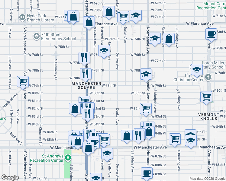 map of restaurants, bars, coffee shops, grocery stores, and more near 8011 Denker Avenue in Los Angeles