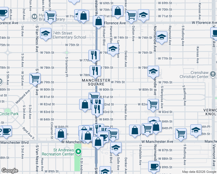 map of restaurants, bars, coffee shops, grocery stores, and more near 1652 West 80th Street in Los Angeles