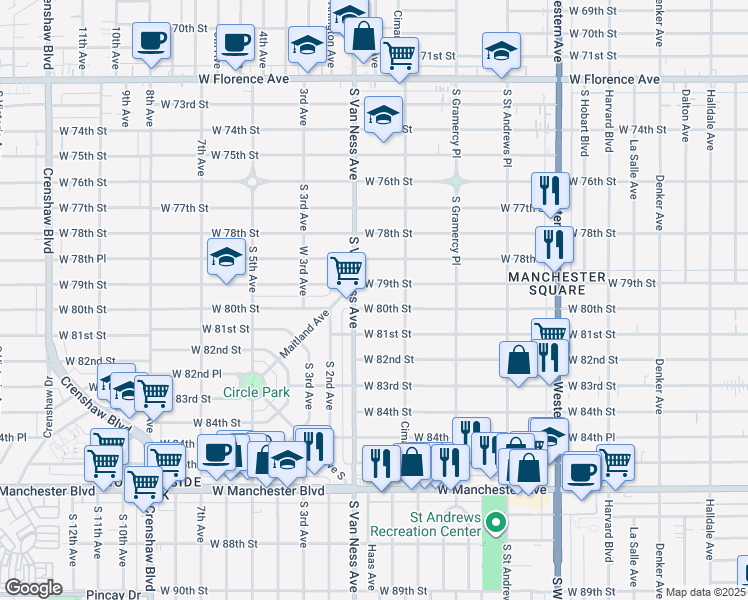 map of restaurants, bars, coffee shops, grocery stores, and more near 2140 West 80th Street in Los Angeles