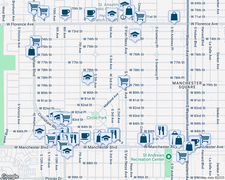 map of restaurants, bars, coffee shops, grocery stores, and more near 8019 Maitland Avenue in Inglewood