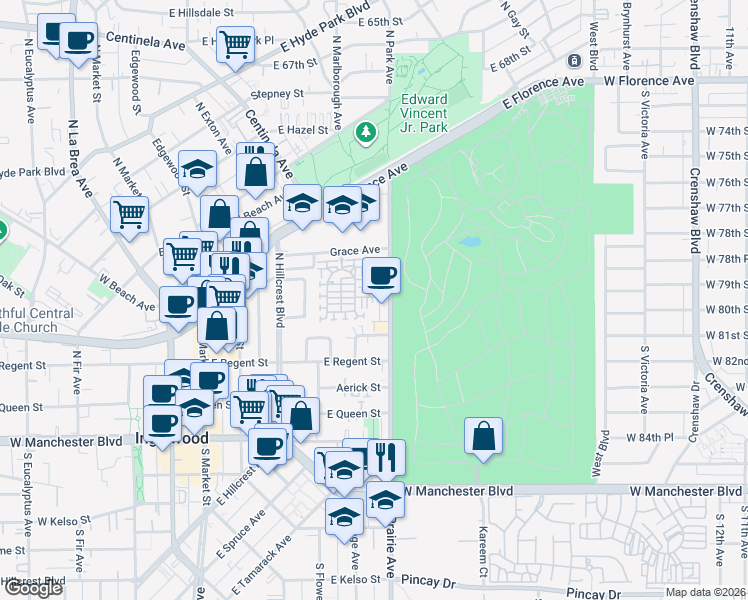 map of restaurants, bars, coffee shops, grocery stores, and more near 323 North Prairie Avenue in Inglewood