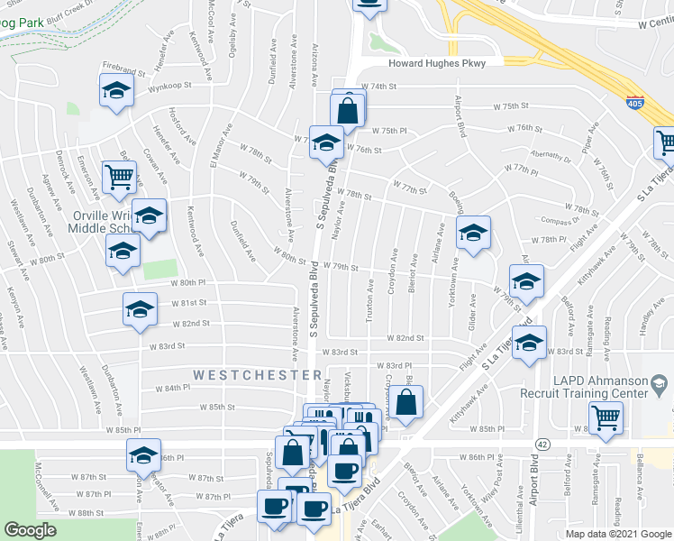 map of restaurants, bars, coffee shops, grocery stores, and more near 8000 Naylor Avenue in Los Angeles