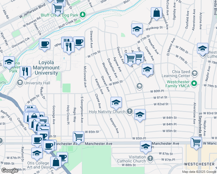 map of restaurants, bars, coffee shops, grocery stores, and more near 8025 Stewart Avenue in Los Angeles