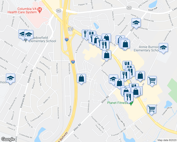 map of restaurants, bars, coffee shops, grocery stores, and more near 222 Forest Green Drive in Columbia