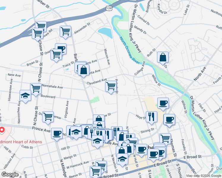 map of restaurants, bars, coffee shops, grocery stores, and more near 675 Pulaski Street in Athens