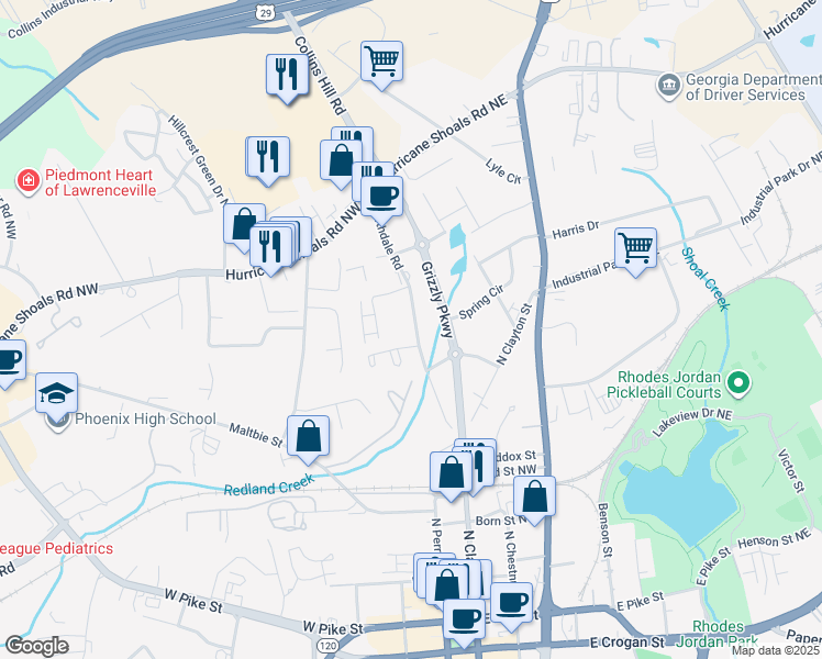 map of restaurants, bars, coffee shops, grocery stores, and more near 423 Northdale Court in Lawrenceville