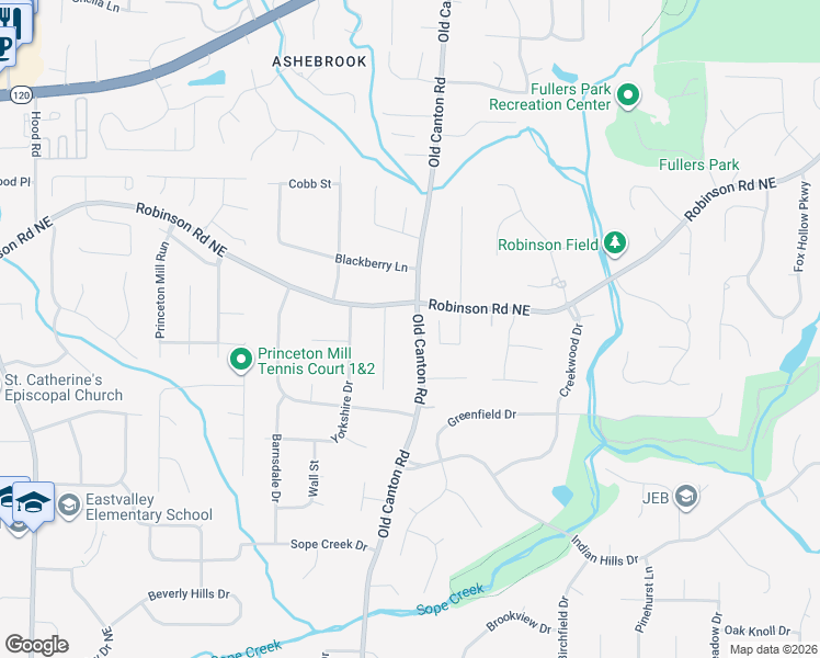 map of restaurants, bars, coffee shops, grocery stores, and more near 656 Honeybear Lane in Marietta