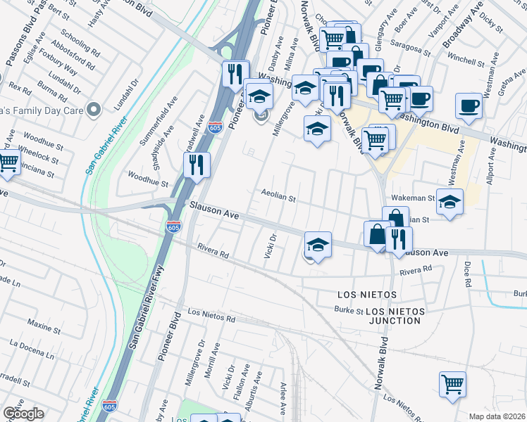 map of restaurants, bars, coffee shops, grocery stores, and more near 8431 Morrill Avenue in Whittier