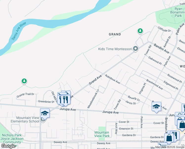 map of restaurants, bars, coffee shops, grocery stores, and more near 5841 Grand Avenue in Riverside