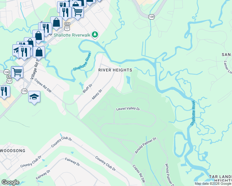 map of restaurants, bars, coffee shops, grocery stores, and more near 570 Lightwood Lane in Shallotte