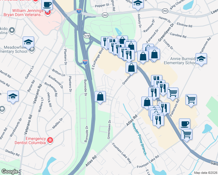 map of restaurants, bars, coffee shops, grocery stores, and more near 222 Forest Green Drive in Columbia