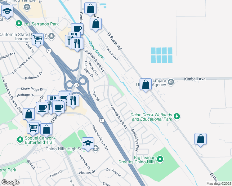 map of restaurants, bars, coffee shops, grocery stores, and more near 5568 Grenview Way in Chino Hills