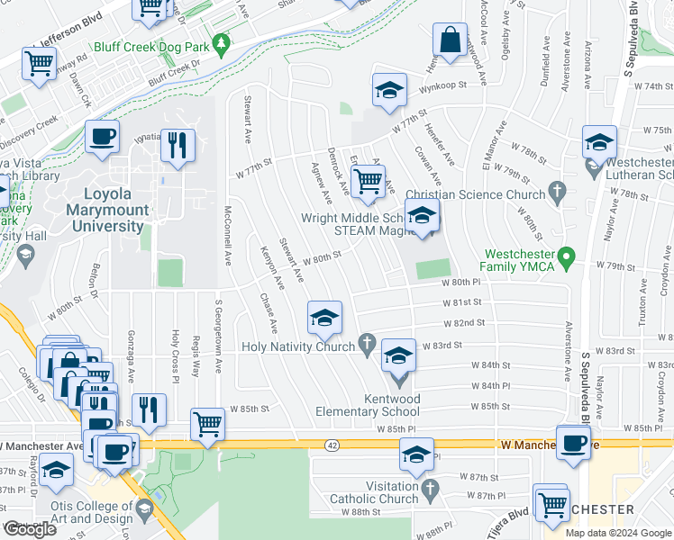 map of restaurants, bars, coffee shops, grocery stores, and more near 8015 Dunbarton Avenue in Los Angeles