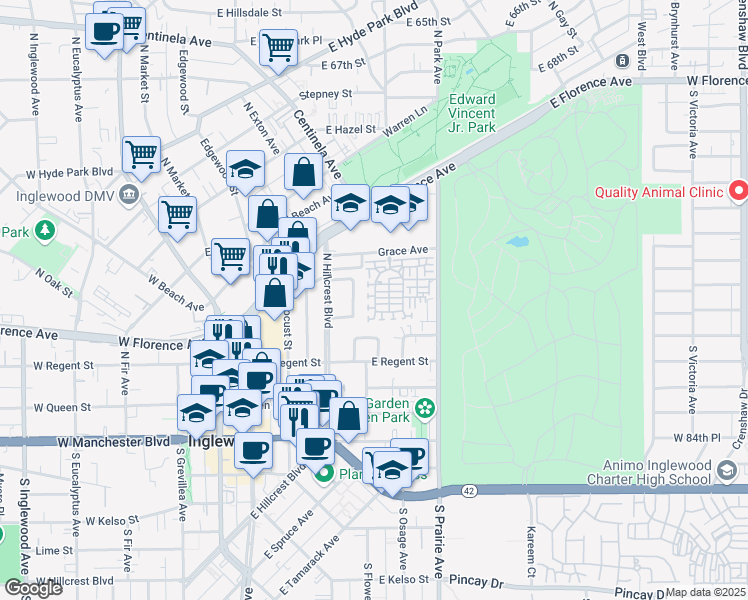 map of restaurants, bars, coffee shops, grocery stores, and more near 551 Daniel Freeman Circle in Inglewood