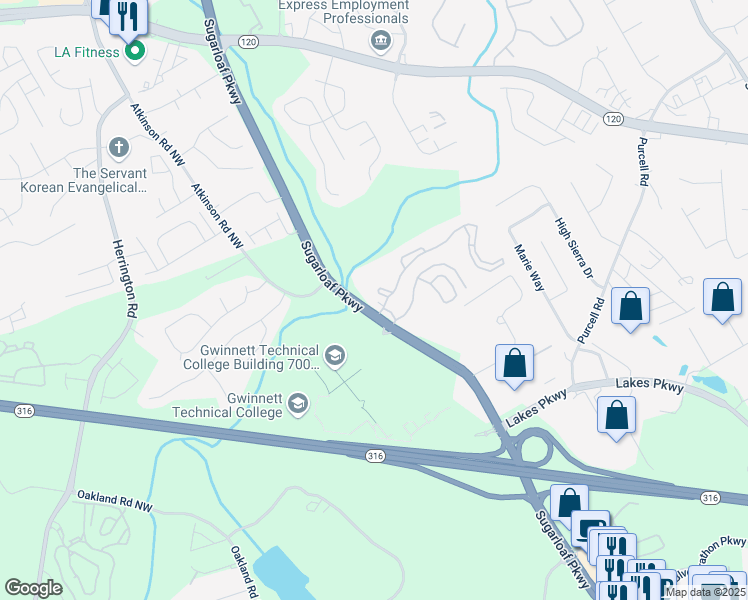 map of restaurants, bars, coffee shops, grocery stores, and more near 5375 Sugarloaf Parkway in Lawrenceville