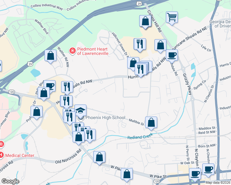 map of restaurants, bars, coffee shops, grocery stores, and more near 506 Whitehall Lane in Lawrenceville