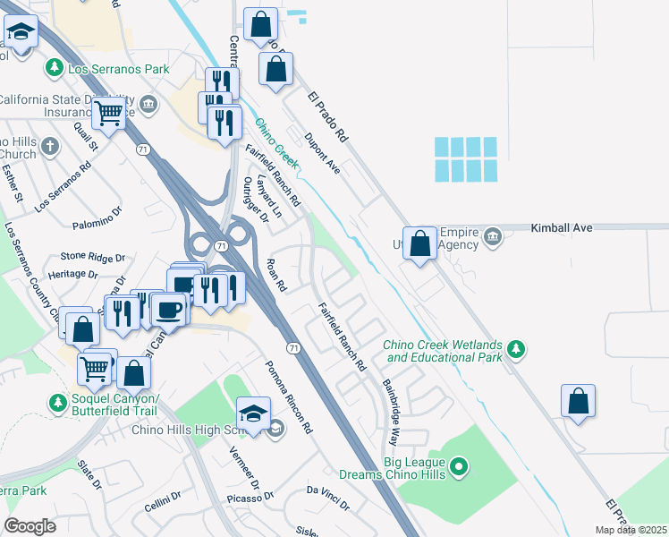 map of restaurants, bars, coffee shops, grocery stores, and more near 5568 Grenview Way in Chino Hills