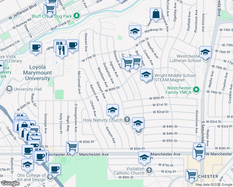 map of restaurants, bars, coffee shops, grocery stores, and more near 8015 Dunbarton Avenue in Los Angeles