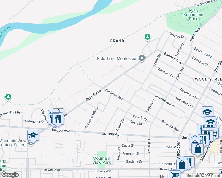 map of restaurants, bars, coffee shops, grocery stores, and more near 4869 Rubidoux Avenue in Riverside