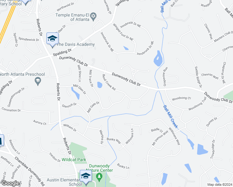 map of restaurants, bars, coffee shops, grocery stores, and more near 5651 Bend Creek Road in Dunwoody
