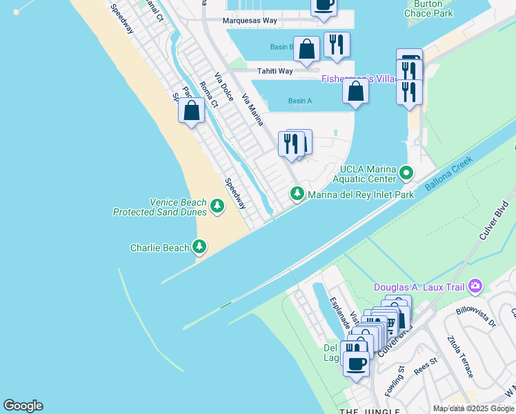 map of restaurants, bars, coffee shops, grocery stores, and more near 5418 Pacific Avenue in Marina del Rey