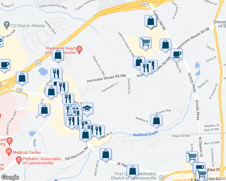 map of restaurants, bars, coffee shops, grocery stores, and more near 536 Haygood Court in Lawrenceville