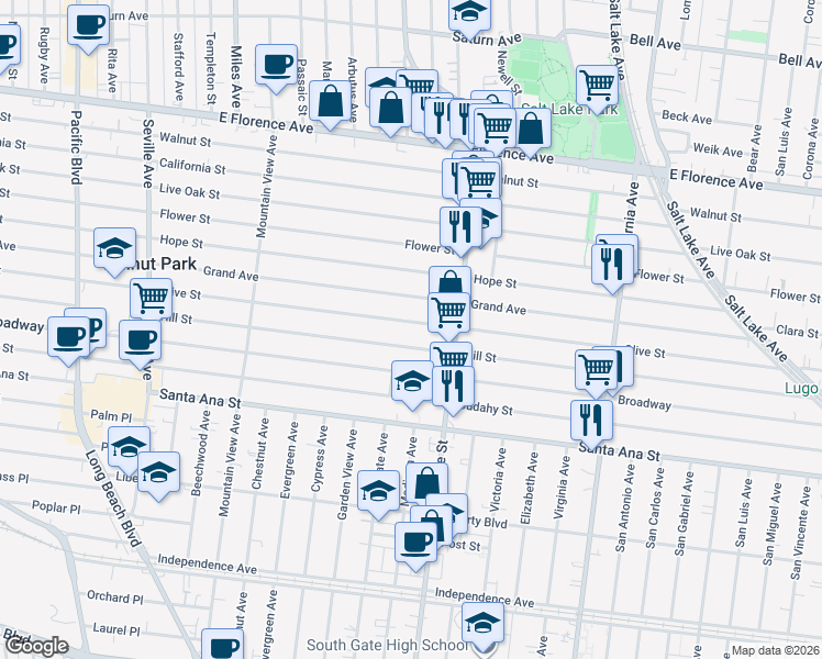 map of restaurants, bars, coffee shops, grocery stores, and more near 3152 Olive Street in Huntington Park