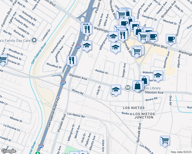 map of restaurants, bars, coffee shops, grocery stores, and more near 8431 Morrill Avenue in Whittier