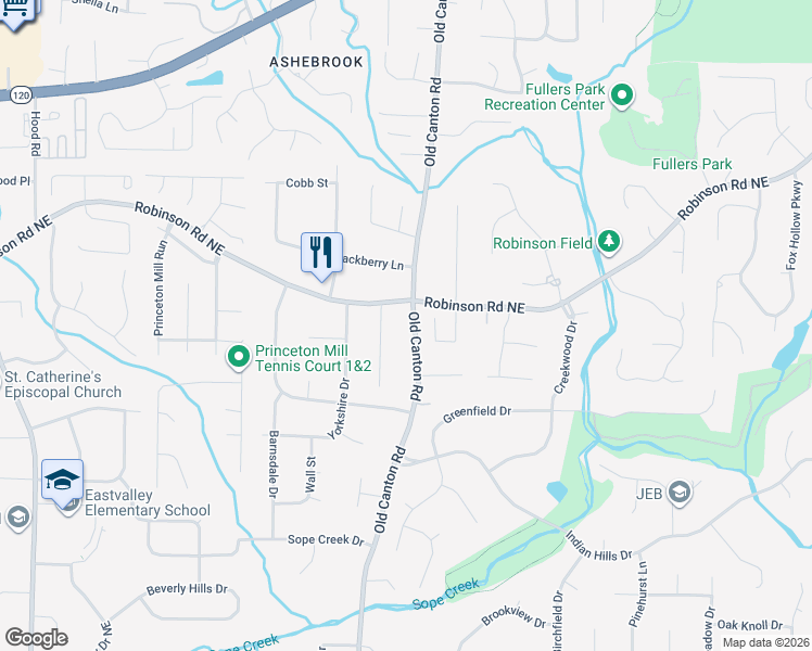 map of restaurants, bars, coffee shops, grocery stores, and more near 656 Honeybear Lane in Marietta