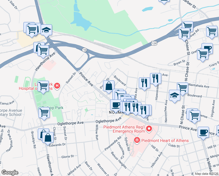 map of restaurants, bars, coffee shops, grocery stores, and more near 120 Sylvia Circle in Athens