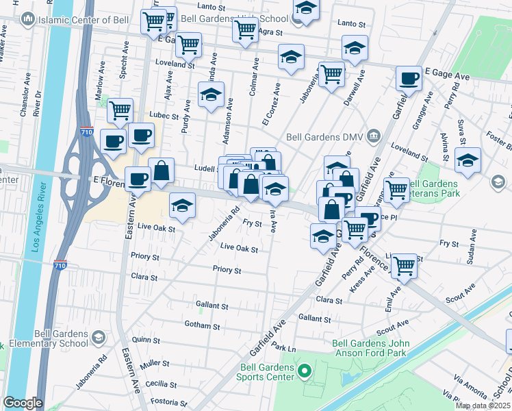map of restaurants, bars, coffee shops, grocery stores, and more near 6020 Florence Avenue in Bell Gardens