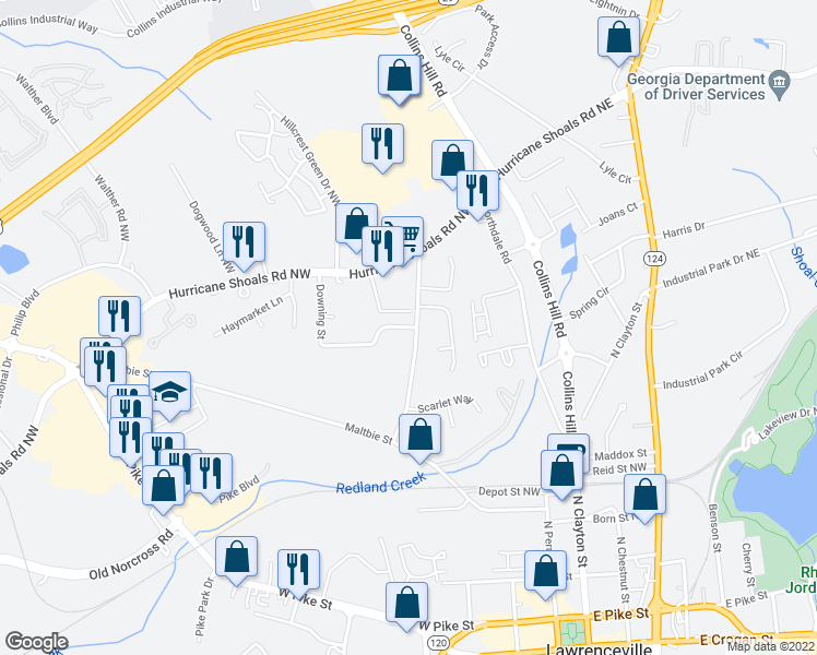 map of restaurants, bars, coffee shops, grocery stores, and more near 353 Downing Street in Lawrenceville