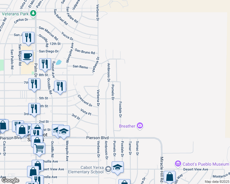 map of restaurants, bars, coffee shops, grocery stores, and more near 11115 Foxdale Drive in Desert Hot Springs
