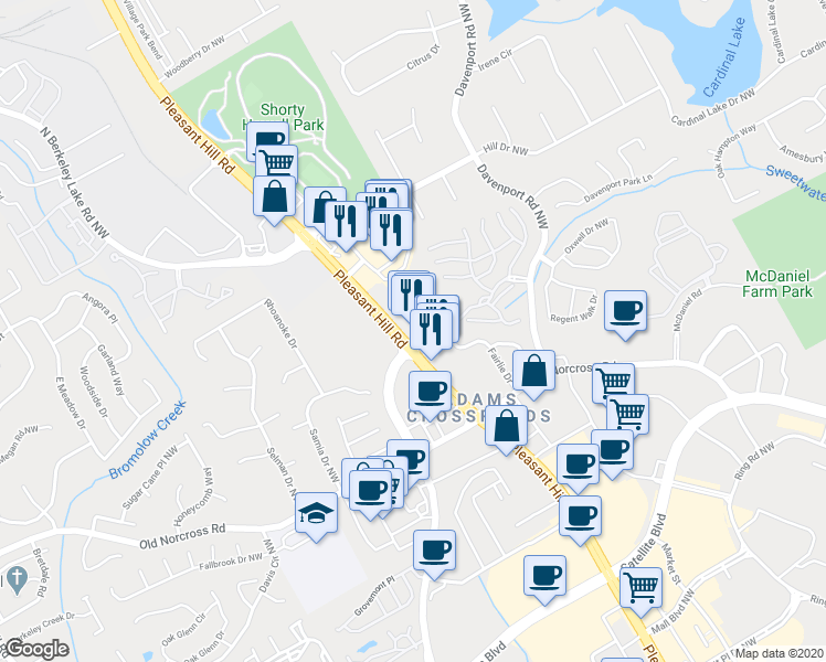 map of restaurants, bars, coffee shops, grocery stores, and more near 2476 Pleasant Hill Road in Duluth