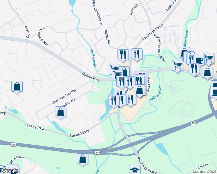 map of restaurants, bars, coffee shops, grocery stores, and more near 1109 Collections Drive in Lawrenceville